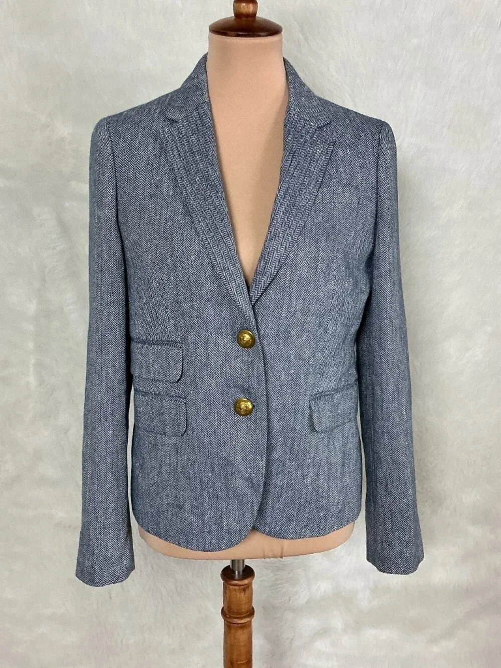 J. Crew Dalton Blue & White Herringbone Italian Cotton Linen Blazer NWOT 6